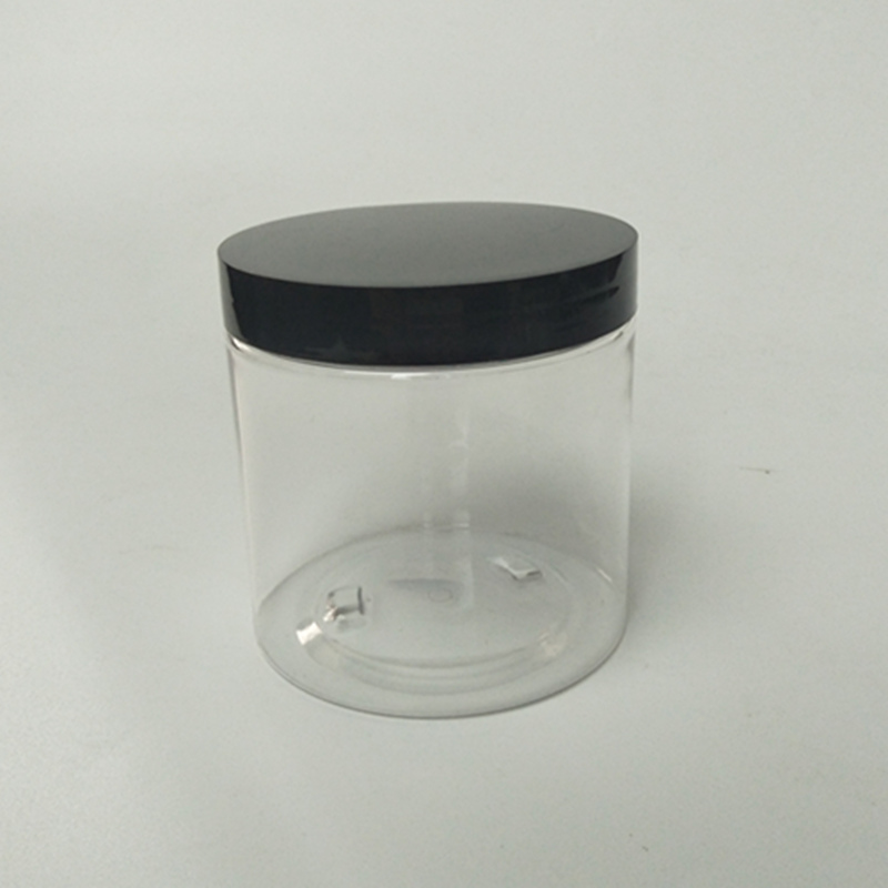 8 oz Clear PET Straight Sided Jars w/ Black Smooth Plastic Lined Caps