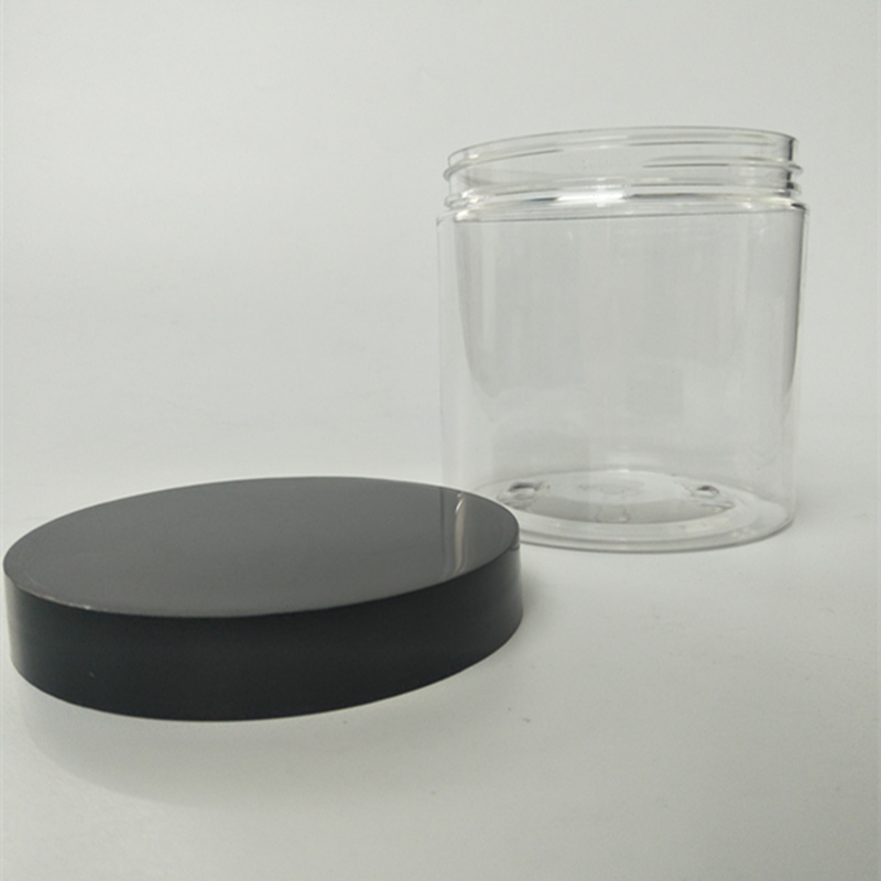 16 oz Plastic Jars, Clear PET Jars w/ Frosted Black Lined Caps